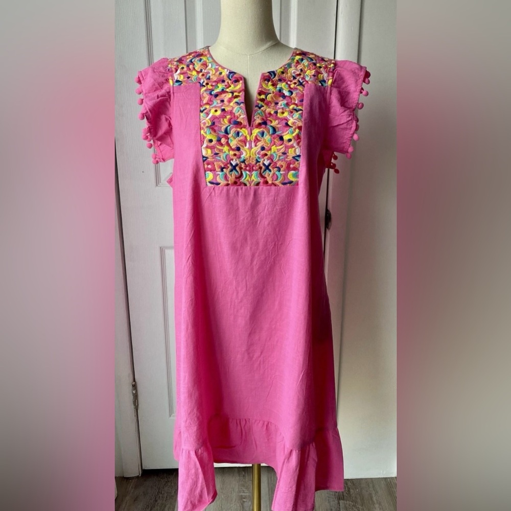 Women's Pink Floral Embroidered Summer/ Spring Ruffled Boho Dress  Size L